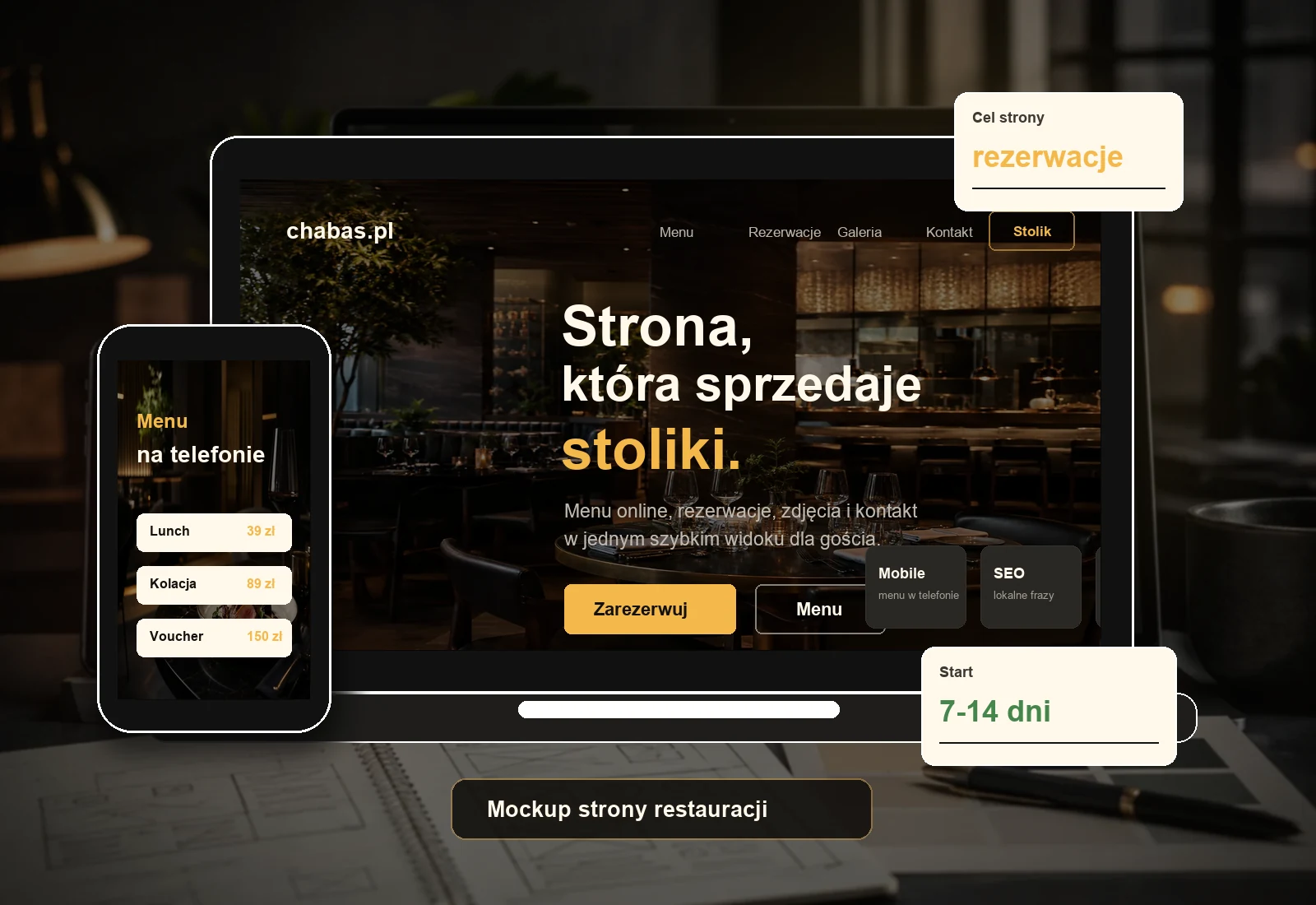 Mockup responsywnej strony WWW dla restauracji na laptopie i telefonie